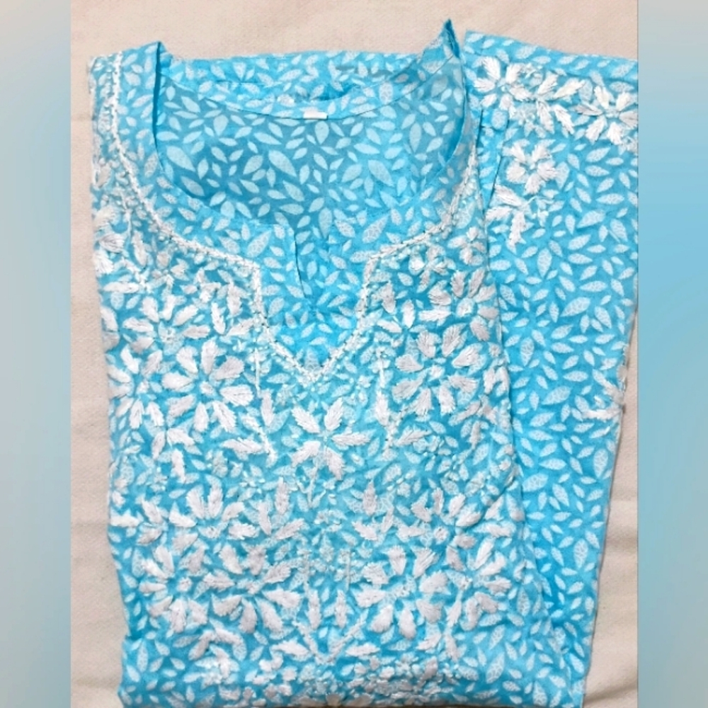 Blue  Chikankari Brasso Floral Women's Top
